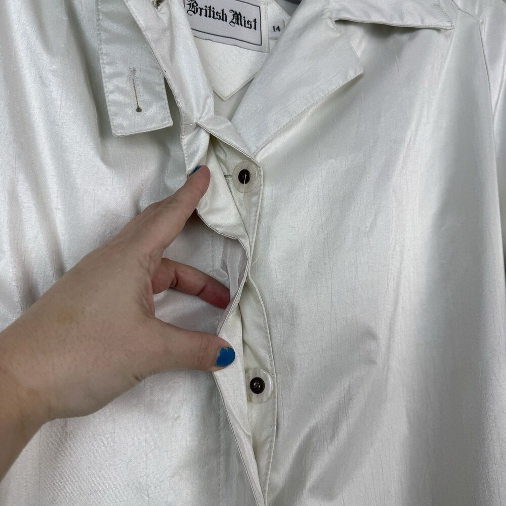 Vtg British Mist Trench Raincoat Womens 14 Ivory Shimmer Long Retro Classic 80s - Picture 4 of 16